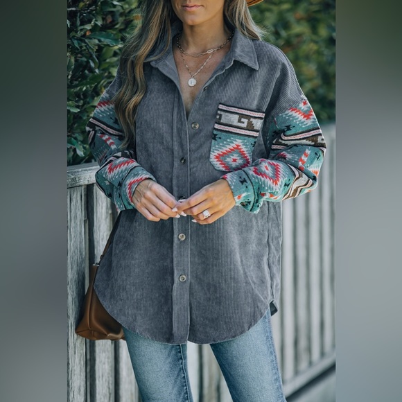 Geometric Button Up Dropped Shoulder Jacket - Picture 2 of 7